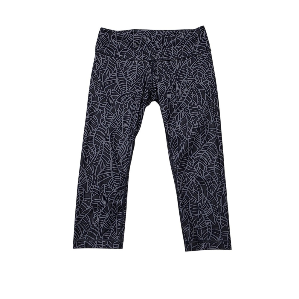 Lululemon Wunder Under Crop Leggings Womens 8 Blue Leaf Print Athleisure